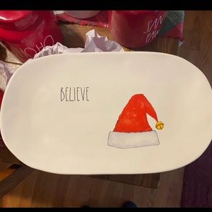 Rae Dunn believe platter w Santa hat